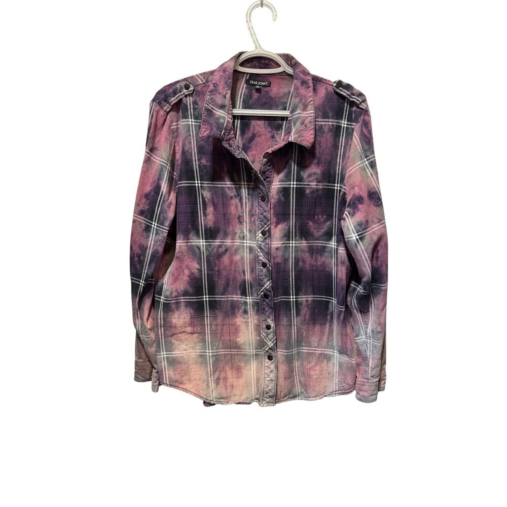 Dear John Long Sleeve Snap Up Plaid Bleached Tie Dye Ombre Shirt Size XL